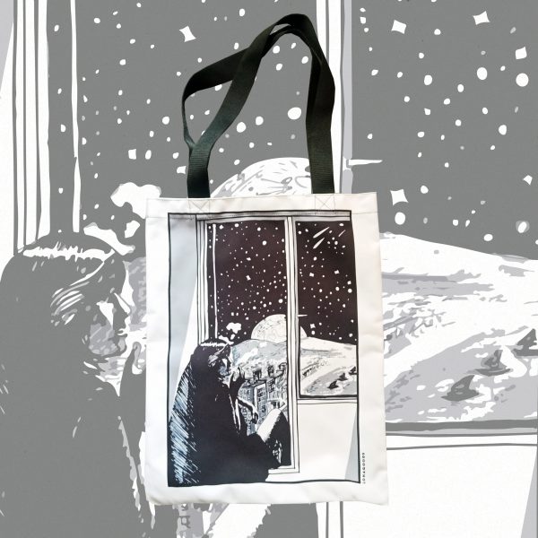 girl moon illustration black white tote bag velcro