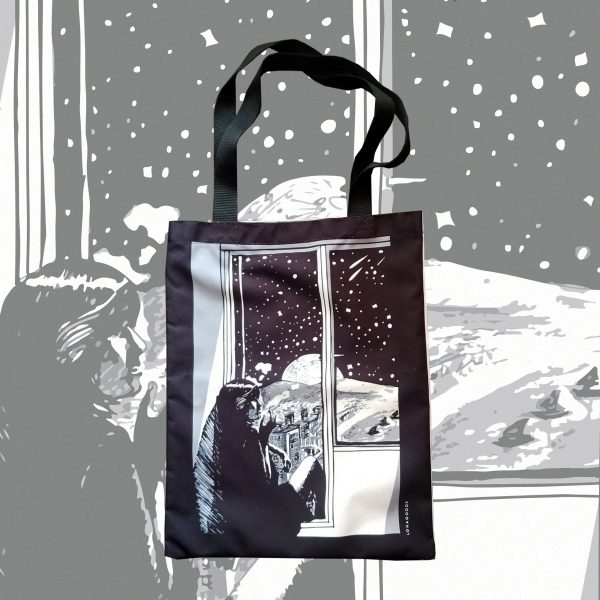 girl moon illustration black white tote bag velcro